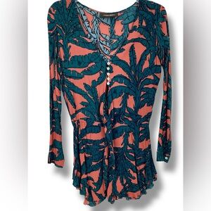 Adriana DeGreas Palm Leaf Print Long Sleeve Romper Button Tie front tropical